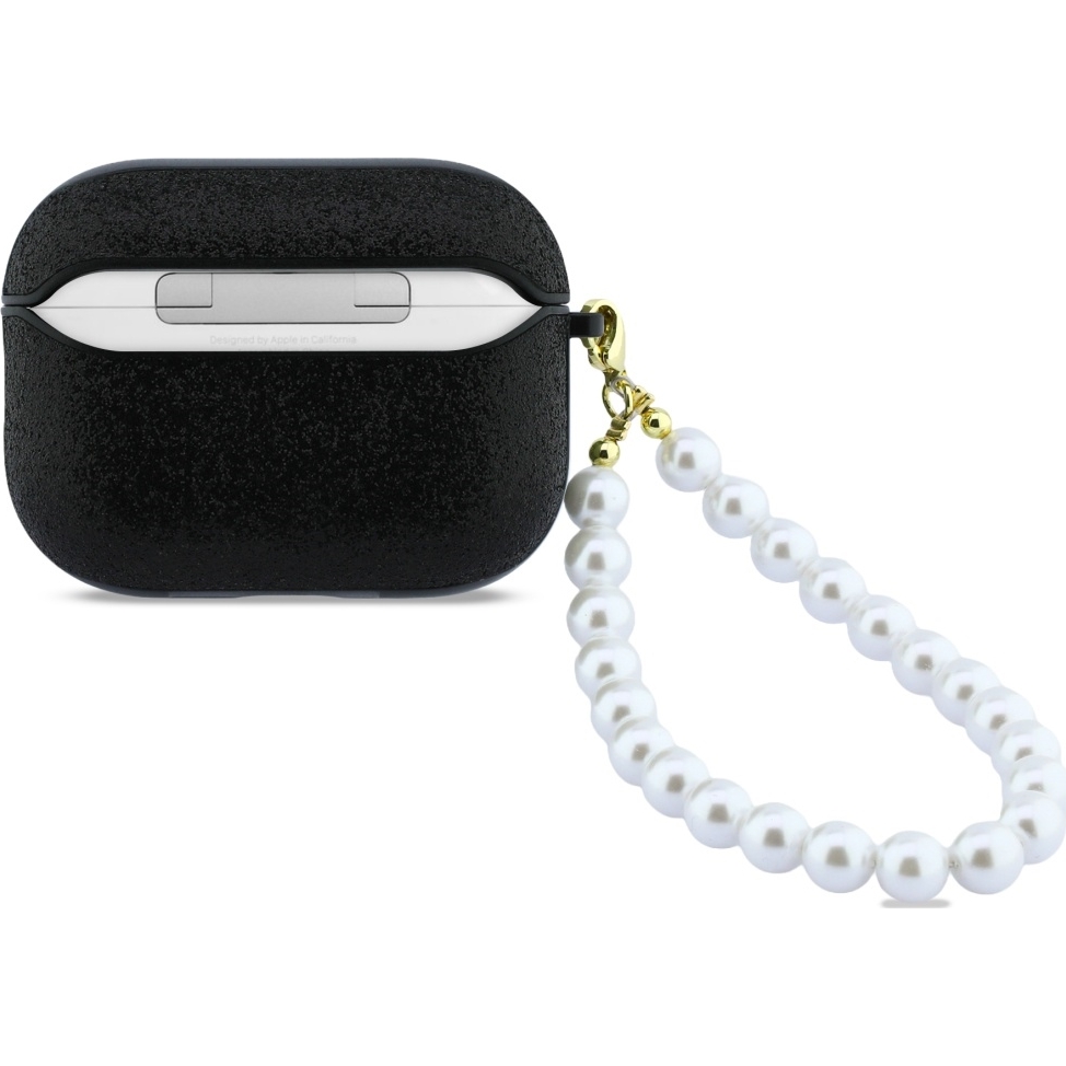 Oryginalne ekskluzywne etui od marki Guess z kolekcji Glitter Pearl Strap z perłową zawieszką dla Apple AirPods Pro 3, czarne